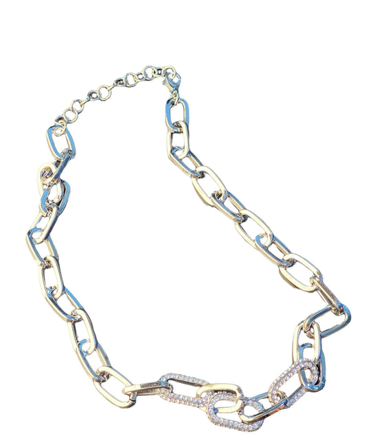 Big Silver Chain Link Necklace with rhinestones